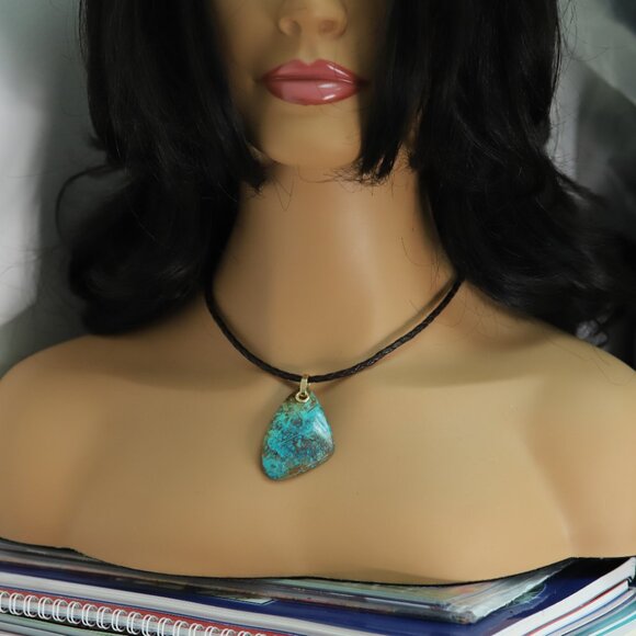 Chrysocolla Natural Stone Necklace 14K Yellow Gold & Leather - Picture 7 of 11